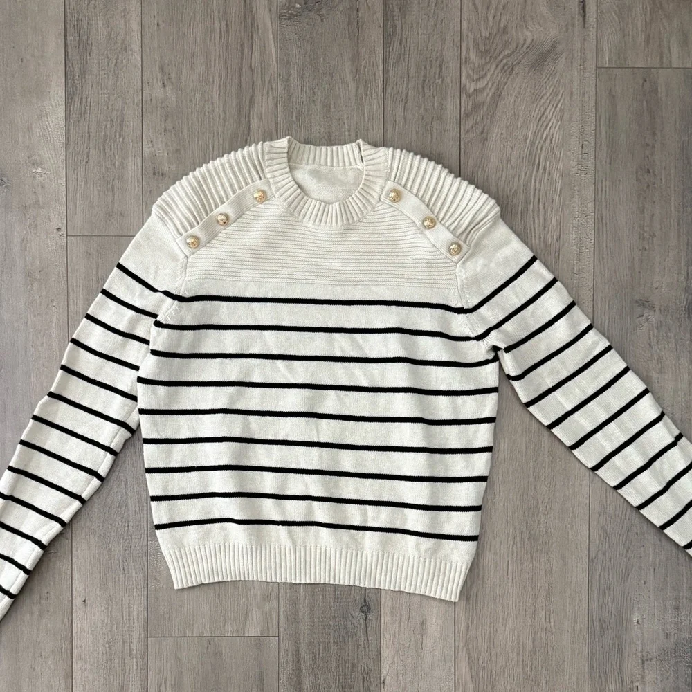Striped Cream and Black Striped Sweater with Gold Button Accent - Picture 3 of 7